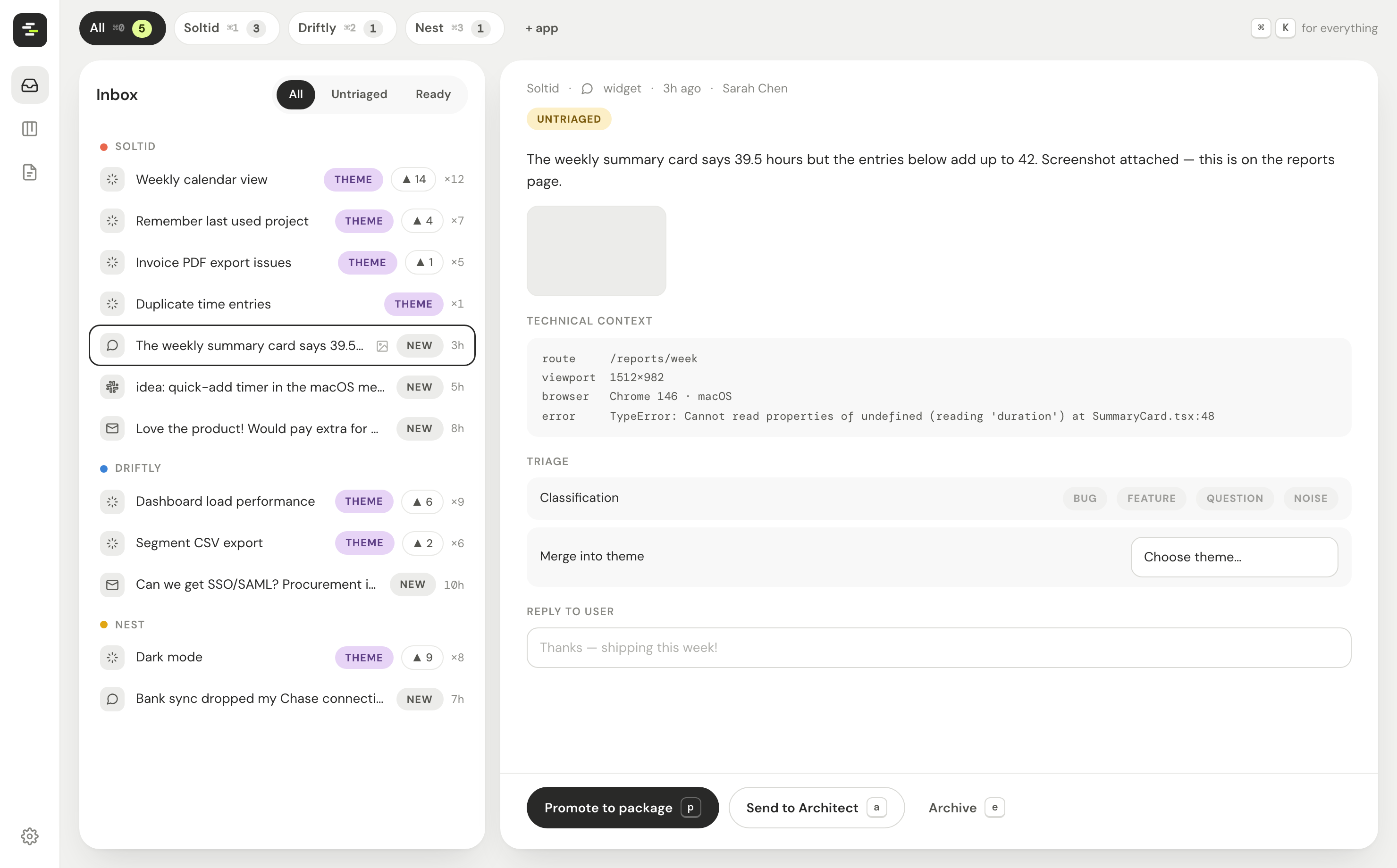 The Mylder cockpit: one inbox across products, AI-triaged themes, work package detail