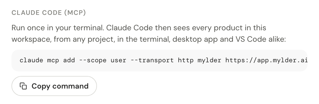 One command connects Claude Code to the whole workspace over MCP